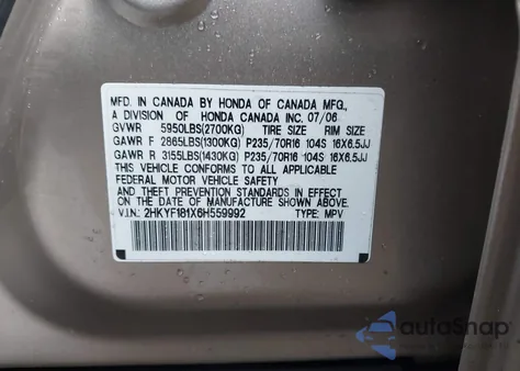 2006 Honda Pilot Lx z USA, uszkodzony, nr VIN 2HKYF181X6H559992